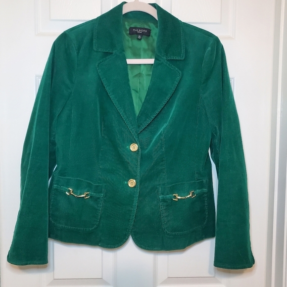 Talbots Corduroy Velvet Blazer Jacket Size 10P Emerald Green Gold Tone Horsebit - Picture 1 of 7